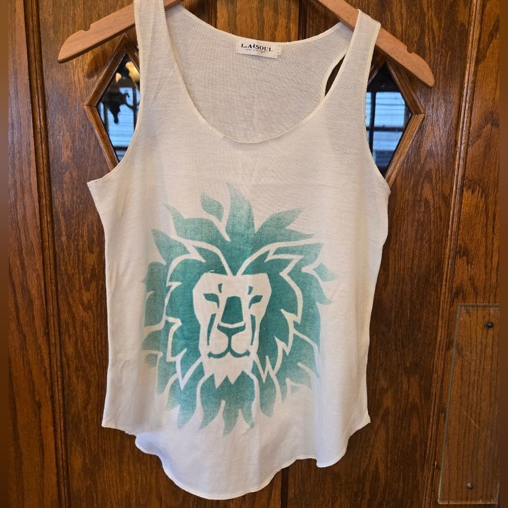 LA Soul White Racerback Tank Top with Green Lion Design XSMALL
